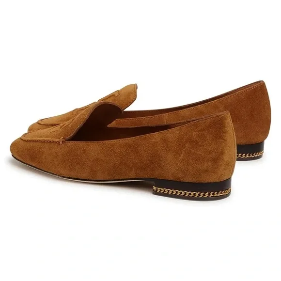 Tory Burch Camel Brown Suede Leather Ruby 15mm Loafer Flat Shoes - Picture 4 of 14